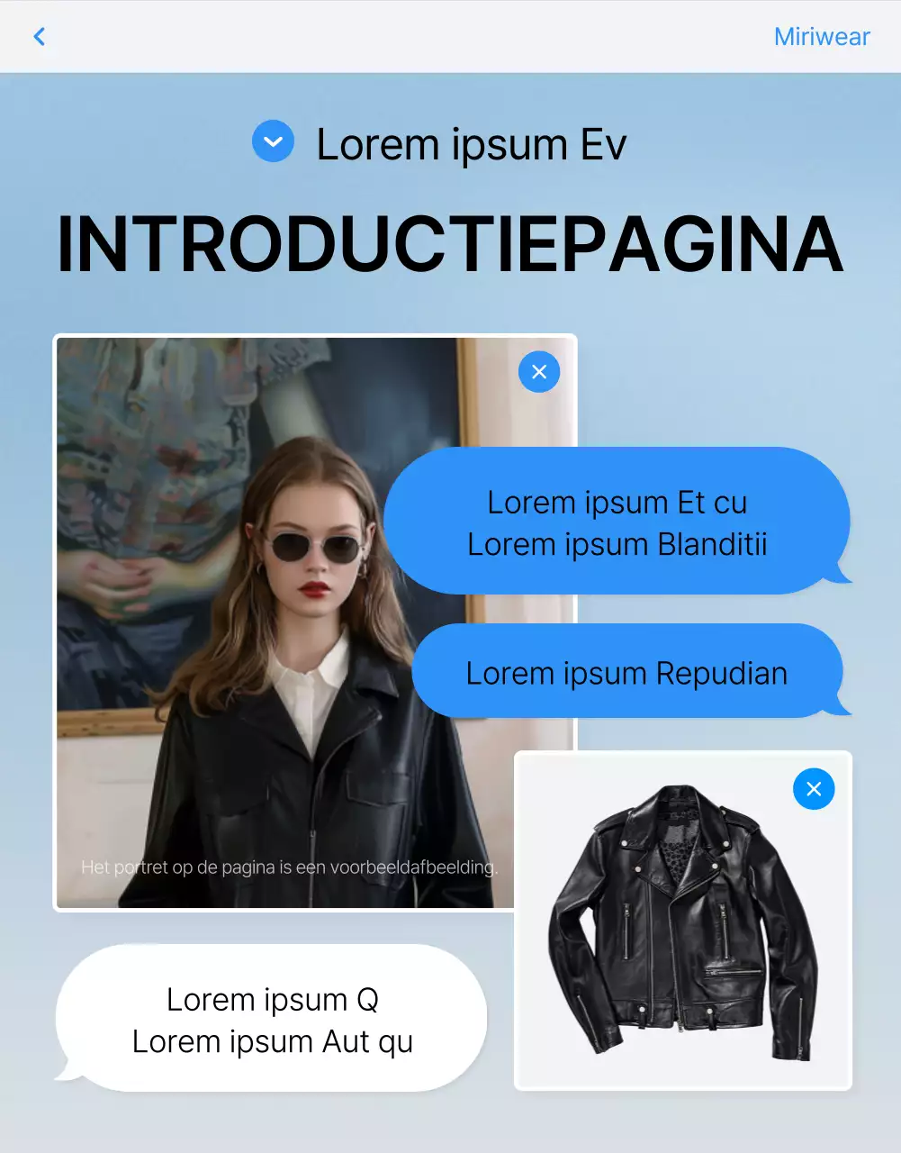 Promoot een trendy blauw-witte mode detailpagina intro