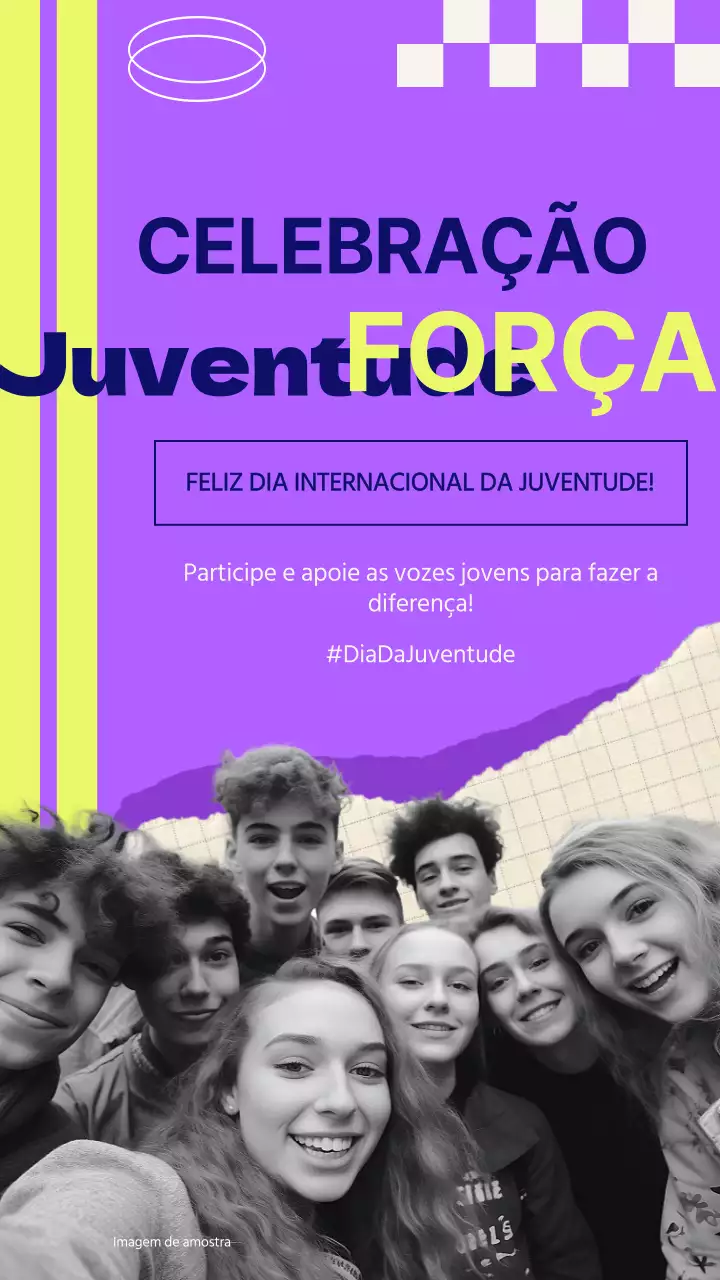 Roxo e amarelo Moderno Publicidade da celebração do Dia Internacional da Juventude