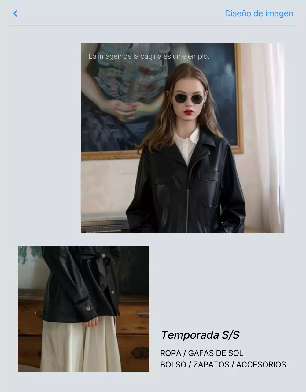 Promueva un diseño fotográfico de página de detalles de moda en azul y blanco