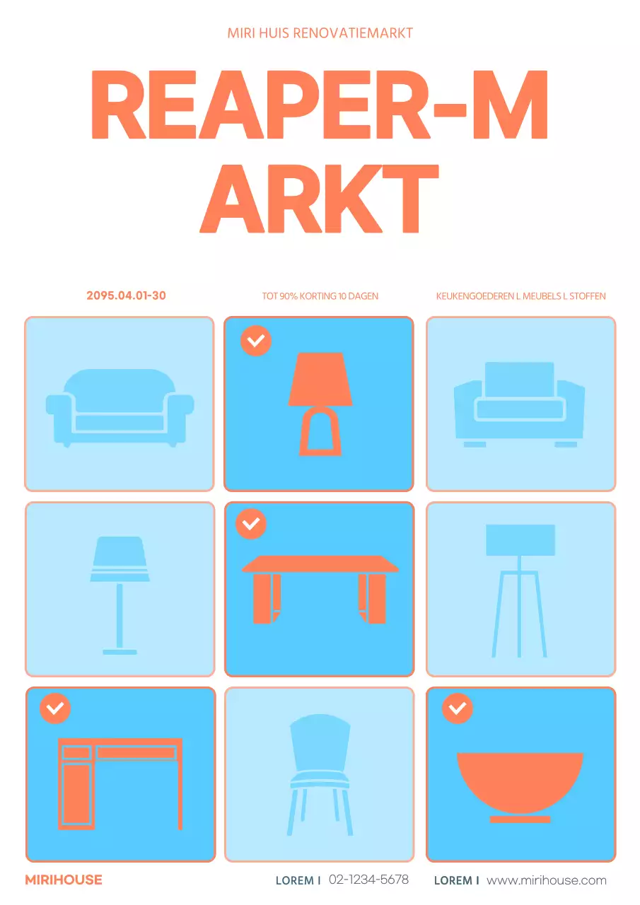 Promoot een eenvoudige meubelmarktplaats in oranje en lichtblauw