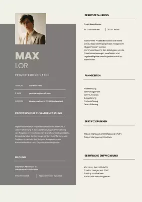 Grauer moderner Projektkoordinator Lebenslauf