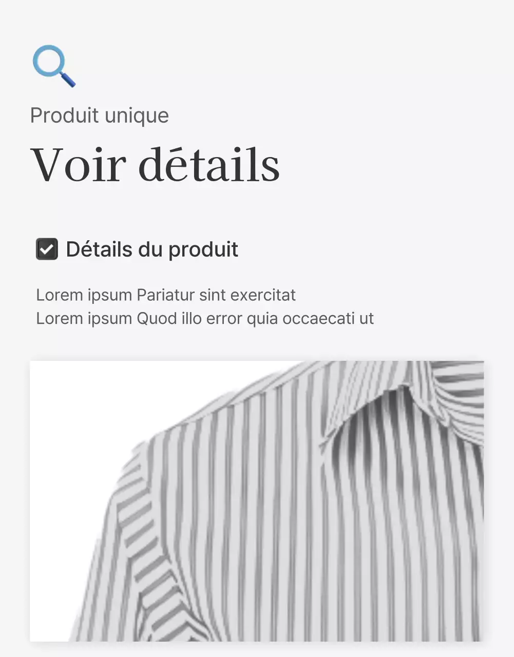 Descriptions détaillées de produits ou publicités pour un centre commercial de mode, décorées avec un style simple d'emojis blancs et gris.