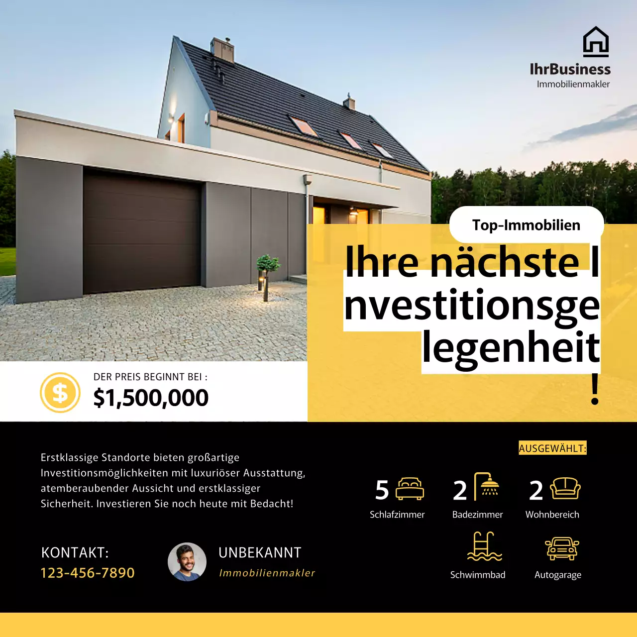 Schwarz-gelbe moderne einfache Investition in Immobilien Instagram Post