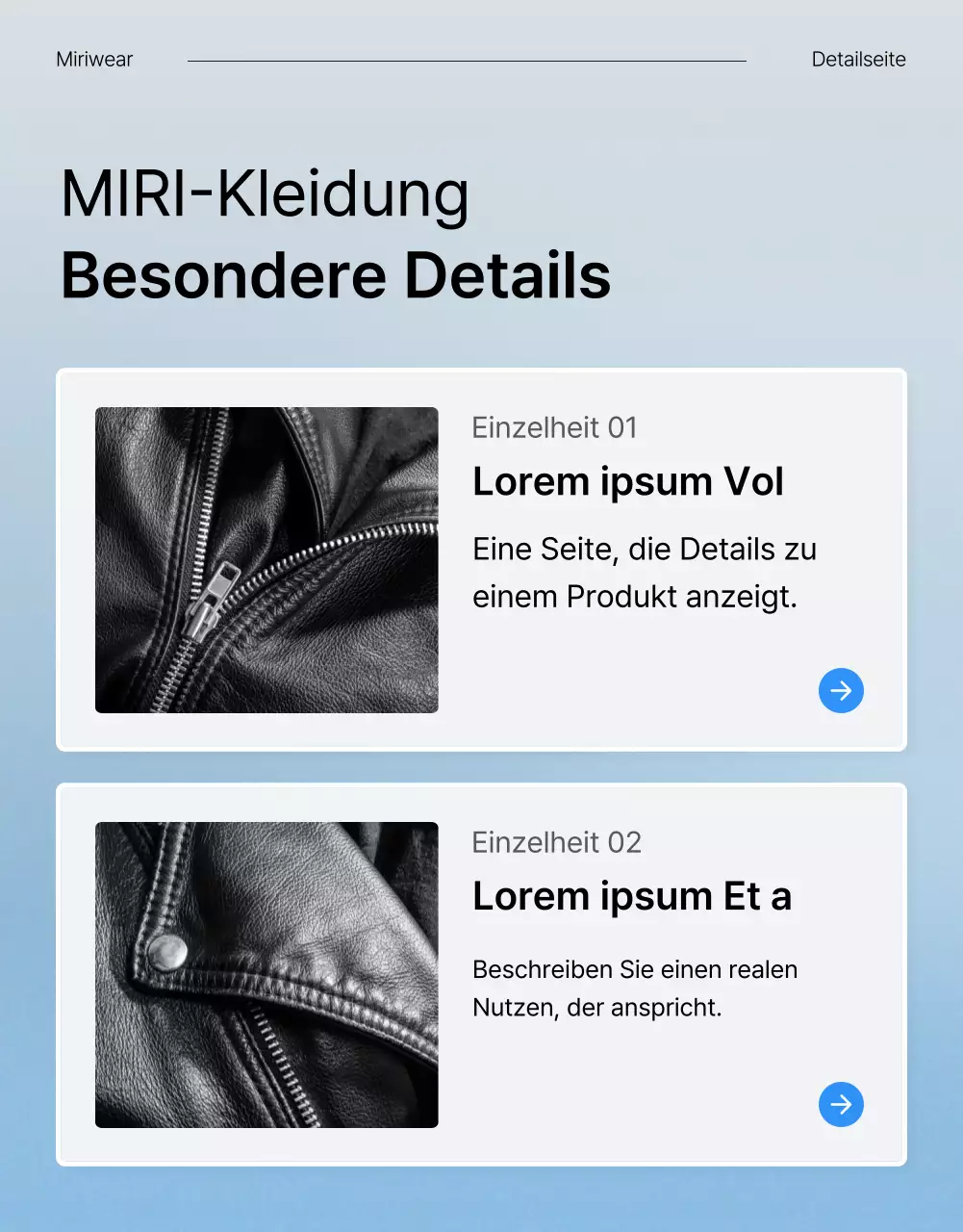 Beschreiben und bewerben Sie die Details einer trendigen blau-weißen Modeseite