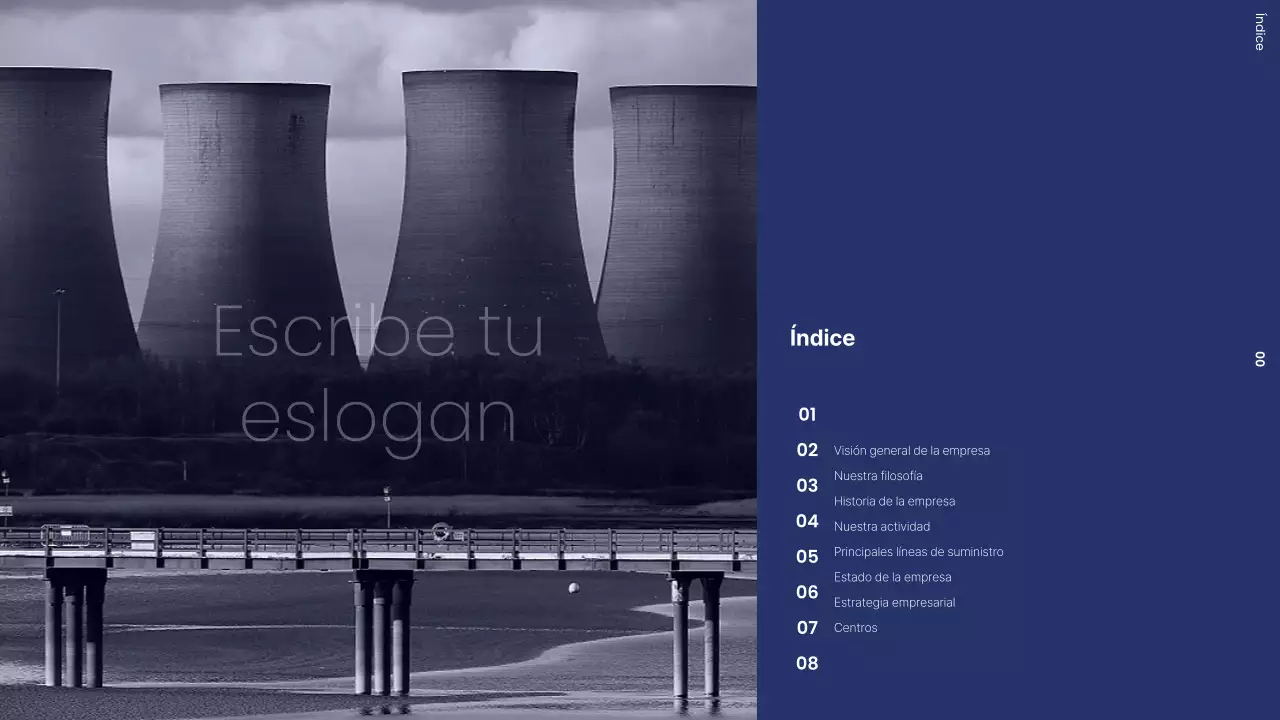 Carta de presentación de empresa con una fábrica moderna en blanco y negro y azul marino