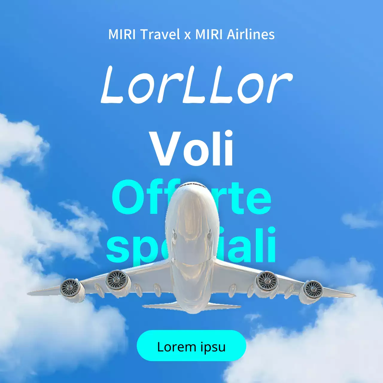 Un semplice annuncio di vendita di biglietti aerei in azzurro e bianco