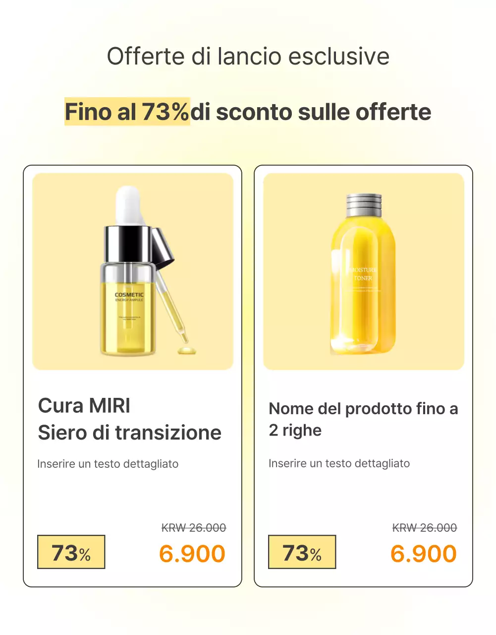 Promozione semplice, ottimizzata per i dispositivi mobili e dettagliata dei cosmetici per la cura della pelle in giallo e arancione