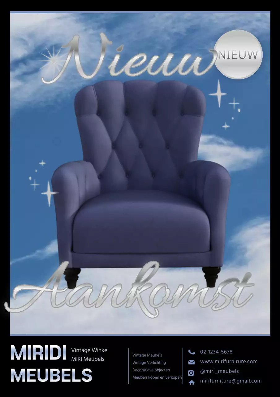 Een chique reclameposter van een vintage meubelwinkel in zwart en lichtblauw.