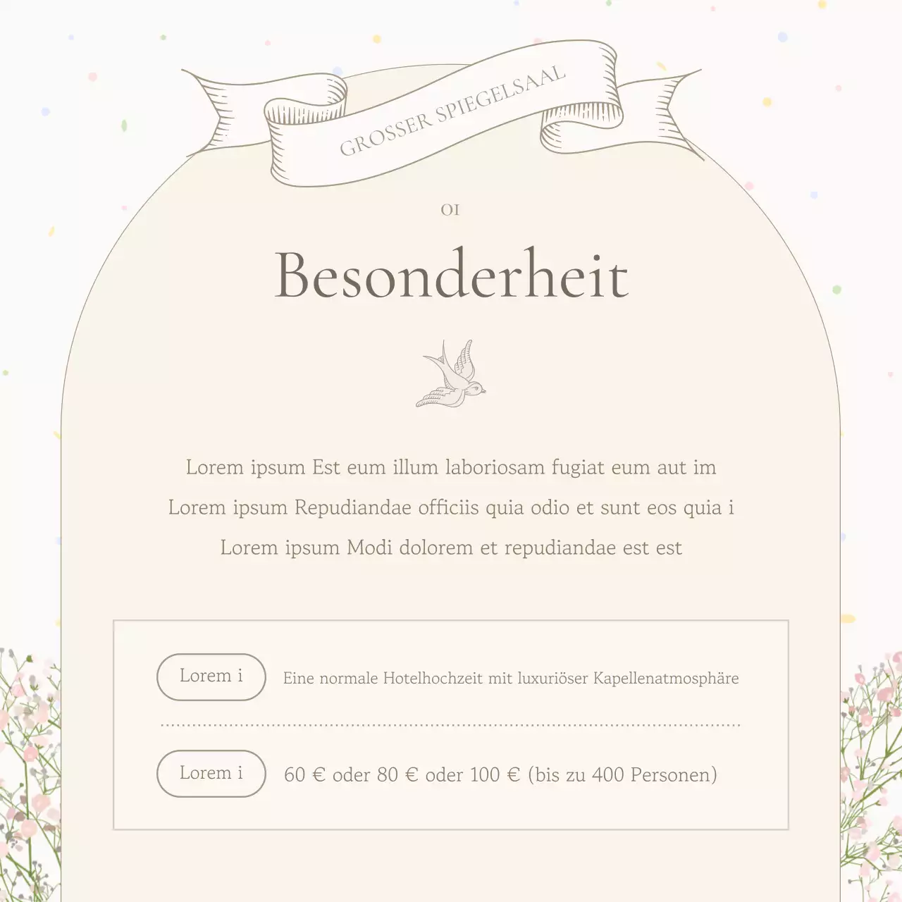 Förderung einer klassischen elfenbein- und beigefarbenen Hochzeitslocation