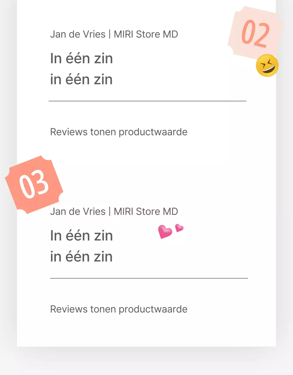 Een recensie of advertentie voor een modewinkel met een eenvoudige witte en grijze emoji-stijl.