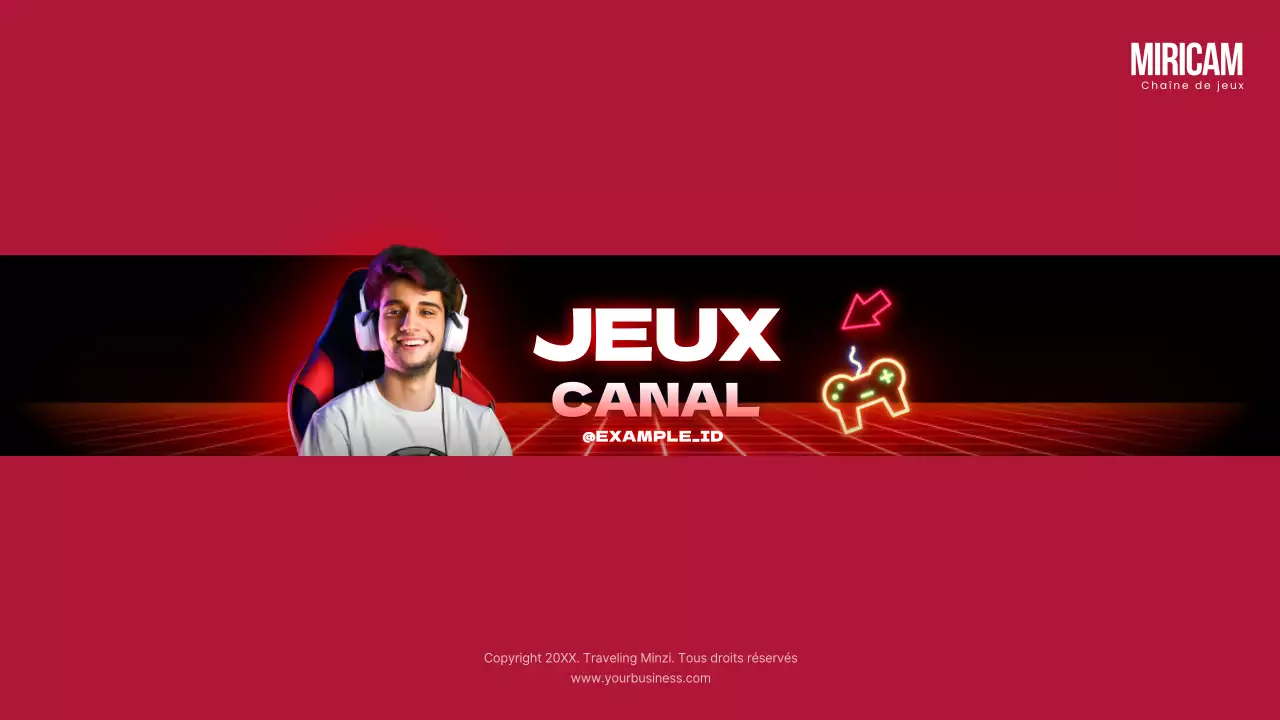 Chaîne YouTube de jeux inspirée du cyberpunk, en noir et rouge, avec couverture artistique