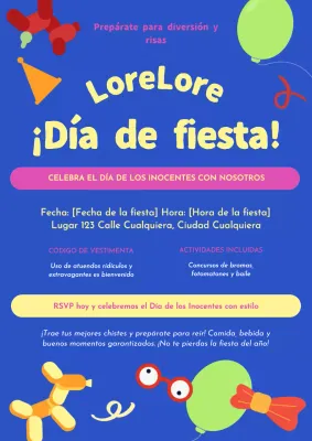 Invitación moderna azul y amarilla para la fiesta del Día de los Inocentes
