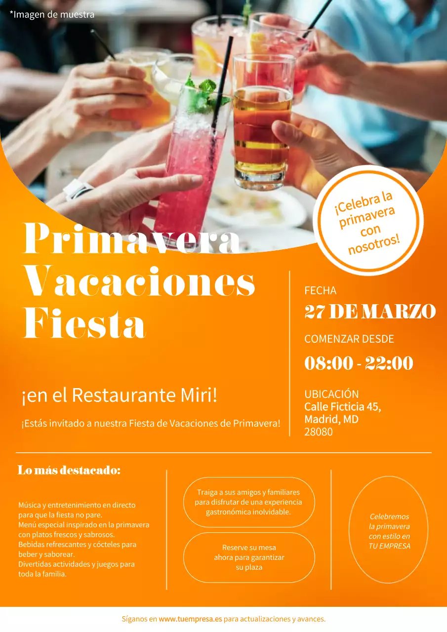 Anuncio de primavera de un restaurante moderno en blanco y naranja