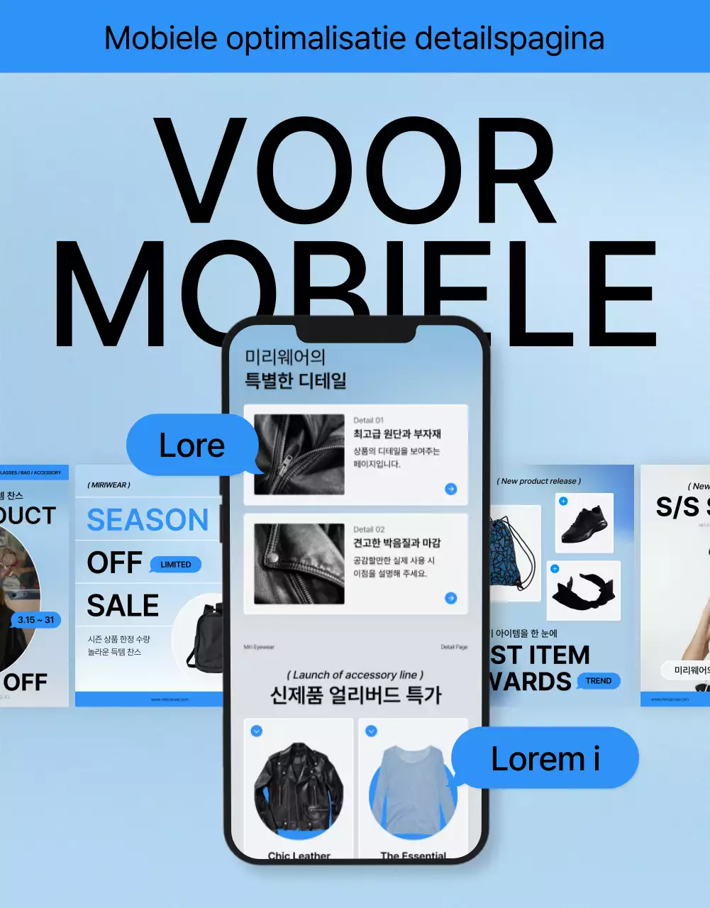 Promoot een trendy blauw-witte fashion mobiele detailpagina