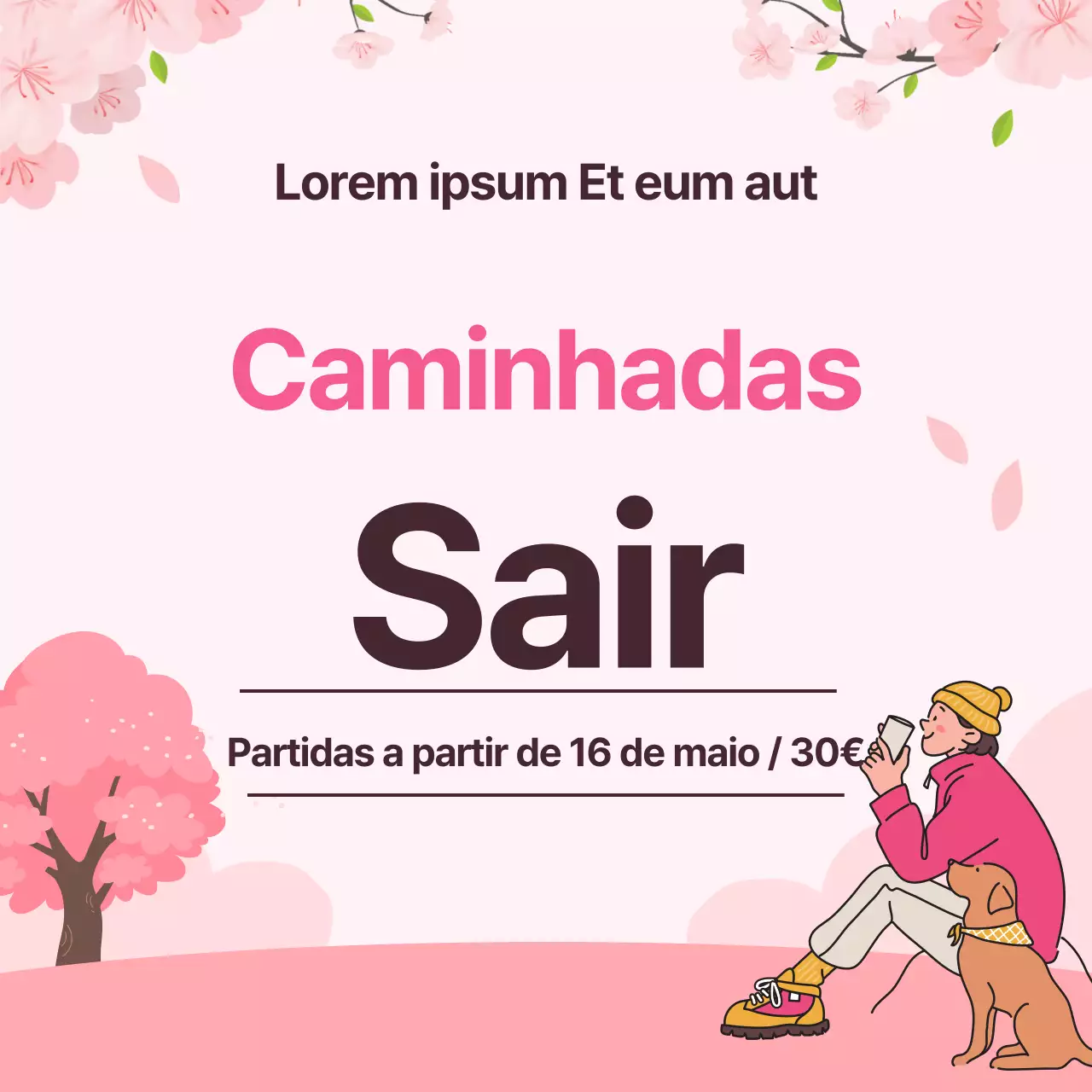 Anúncio de uma agência de viagens de um dia com um fundo cor-de-rosa