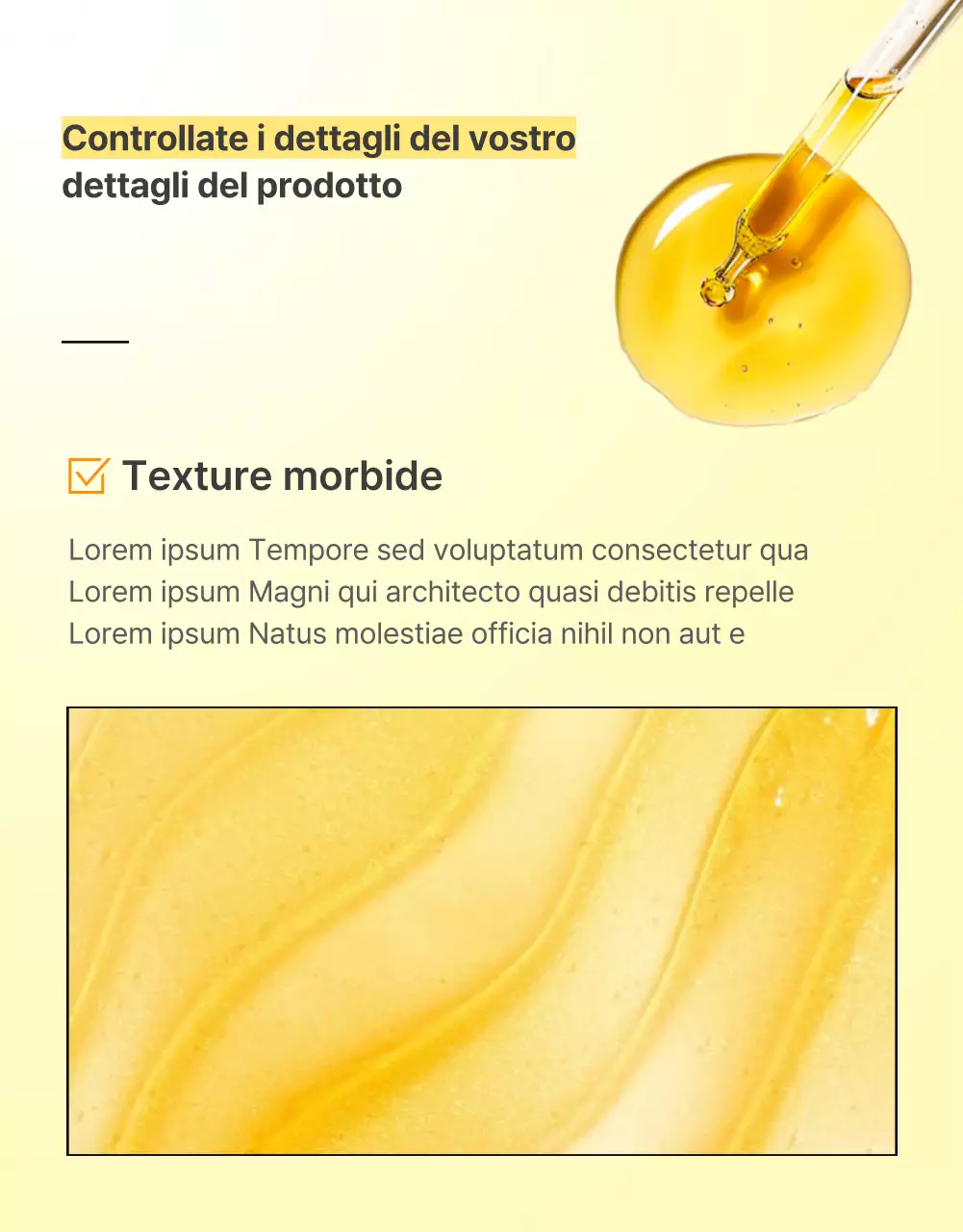 Descrivere e dettagliare semplici prodotti per la cura della pelle in giallo e arancione.