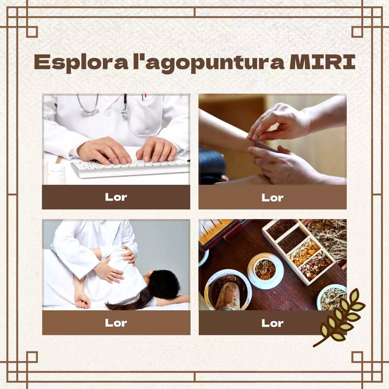 Pubblicità marrone, orientale, di prescrizione di erbe medicinali per una clinica cinese.