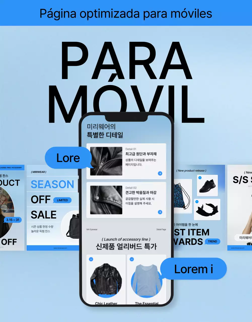 Promover una página móvil de detalles de moda en azul y blanco