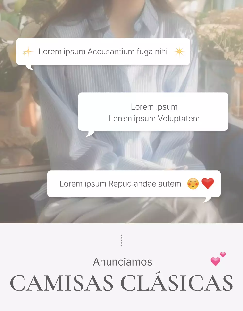 Una página de introducción o anuncio para un centro comercial de moda con un estilo sencillo de emojis blancos y grises.