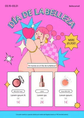 Bonito folleto promocional de cosméticos para centros comerciales en rosa fuerte y azul claro