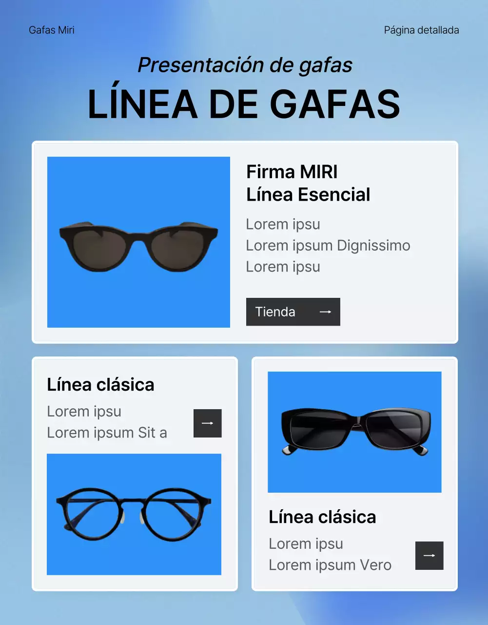 Describir y promocionar los detalles de una página de detalles de moda en azul y blanco