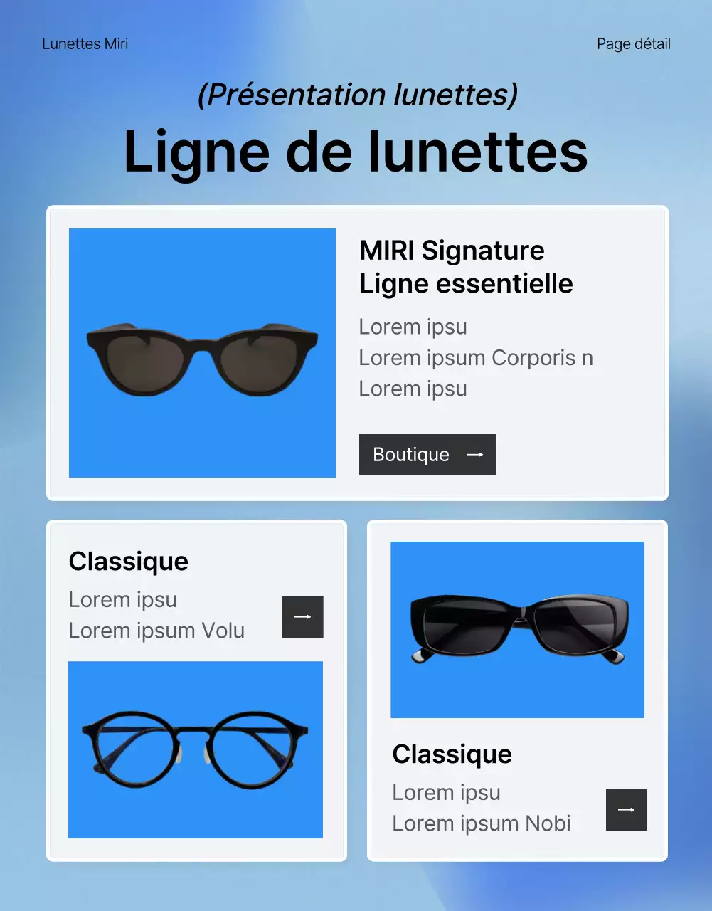 Décrire et promouvoir les détails d'une page de détail de la mode bleue et blanche à la mode