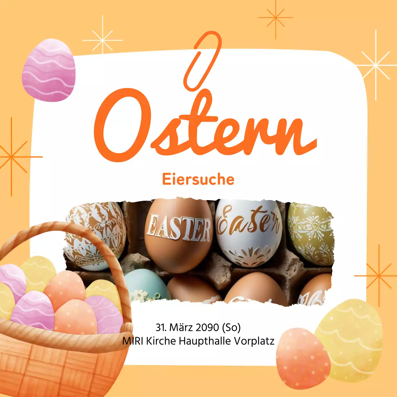 Eine orange-gelbe Pop-Art-Ankündigung für den Ostergottesdienst