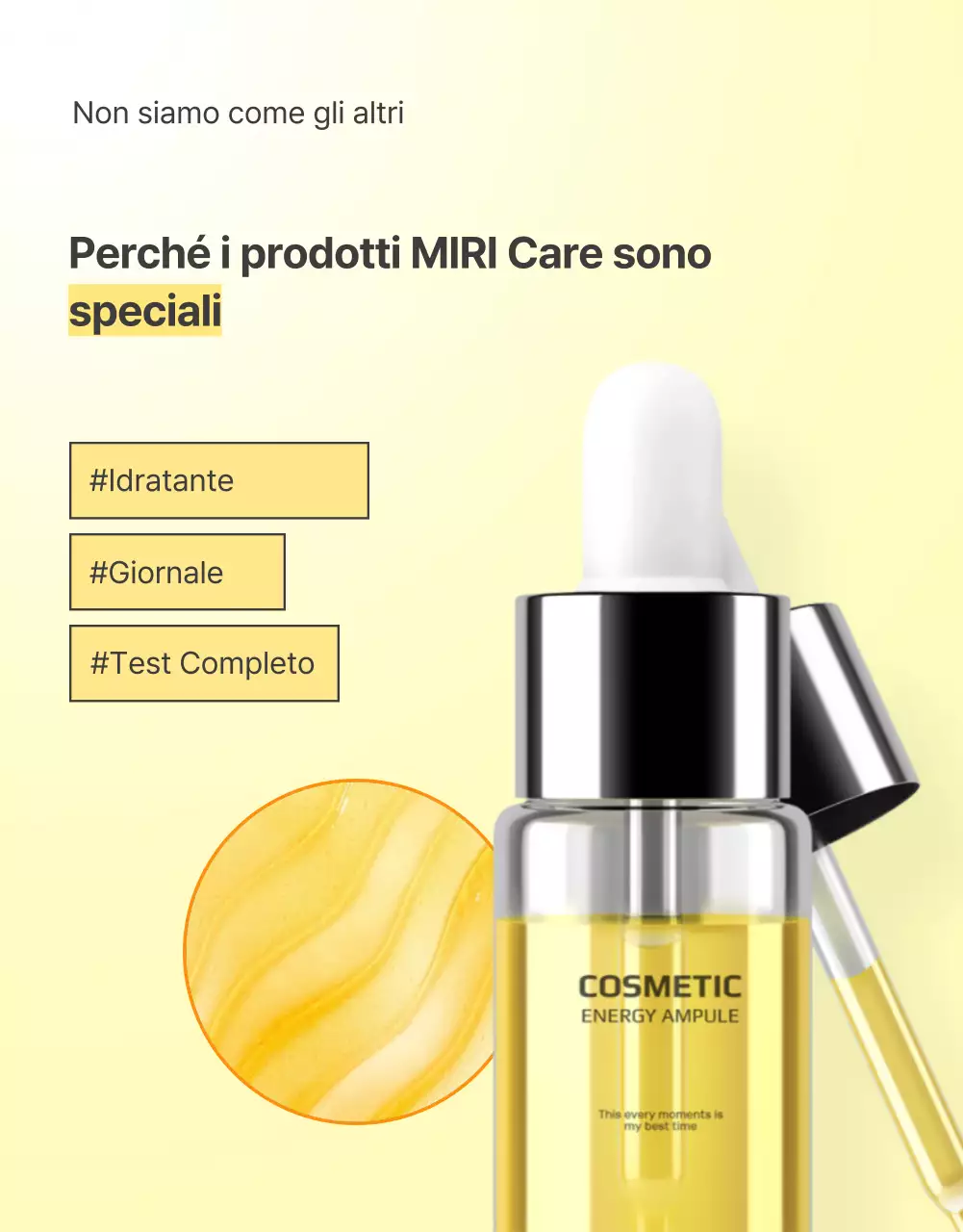 Descrivere e dettagliare semplici prodotti per la cura della pelle in giallo e arancione.