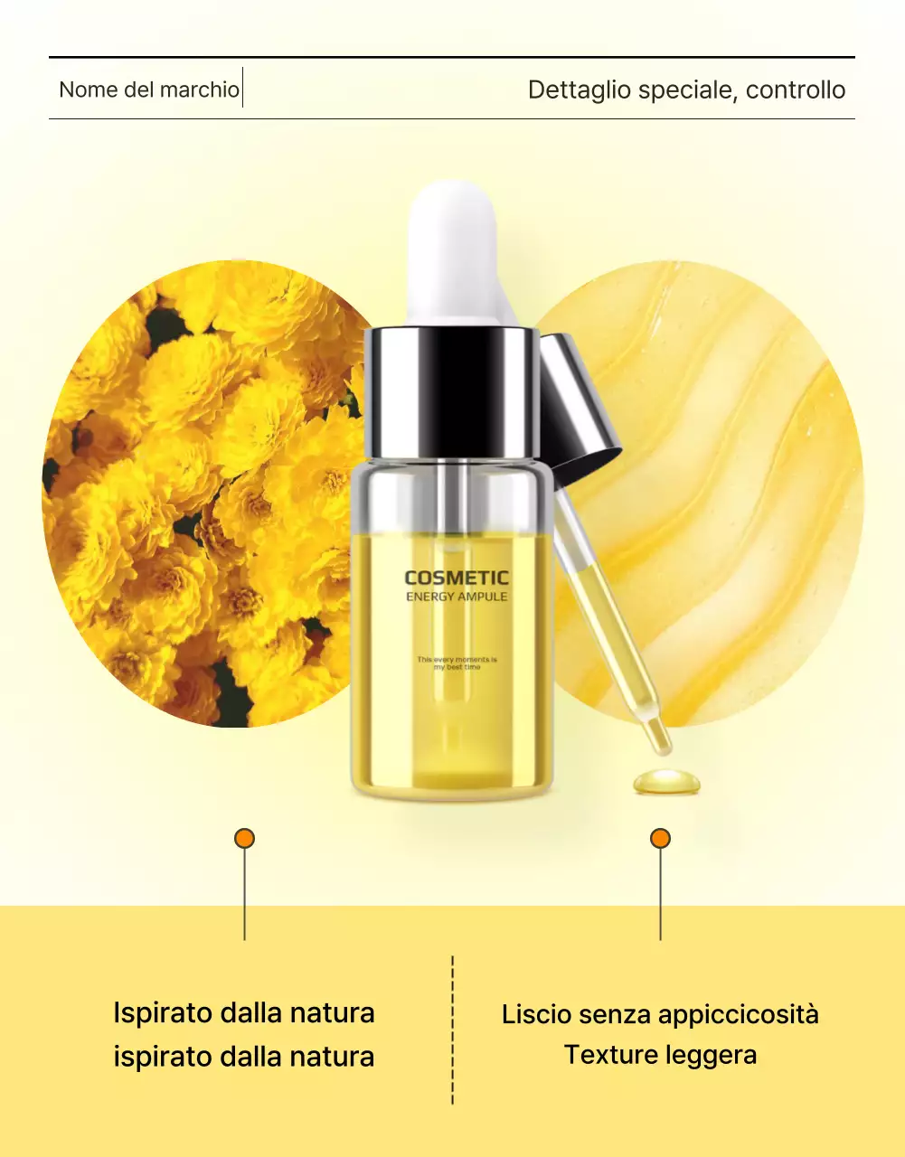 Promozione semplice, ottimizzata per i dispositivi mobili e dettagliata dei cosmetici per la cura della pelle in giallo e arancione