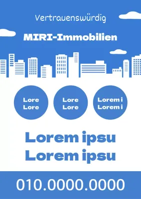 Einfache Immobilienanzeige in Blau und Weiß für Verkauf und Vermietung