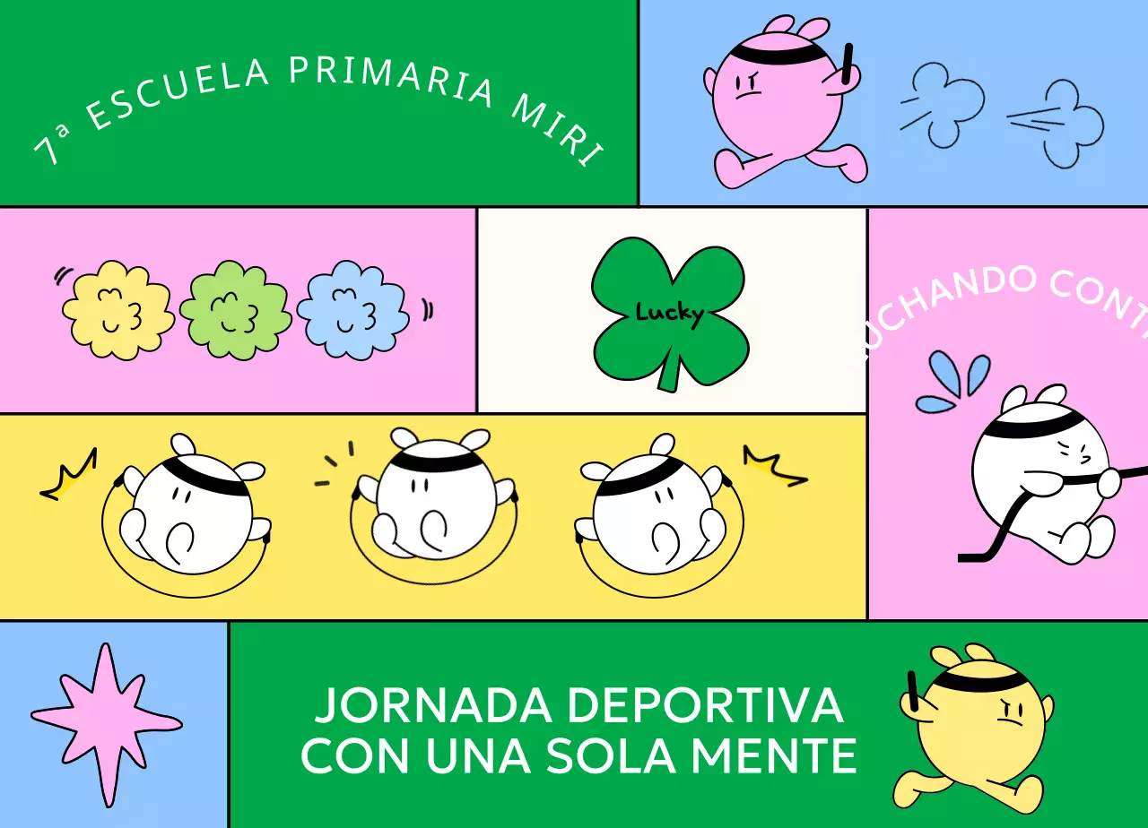 Día del deporte en la escuela primaria con simpáticos personajes haciendo ejercicio