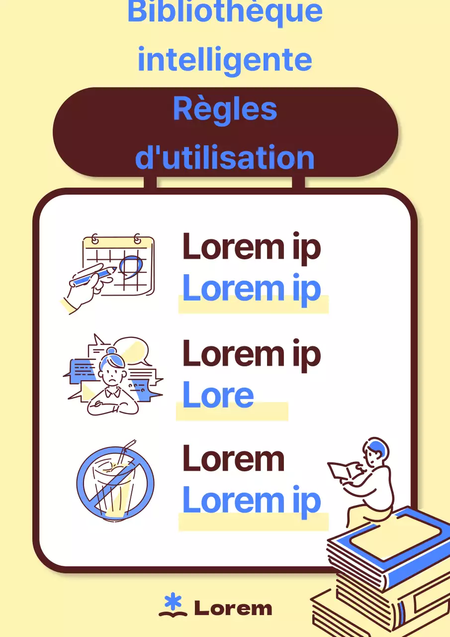 Annonce simple du règlement de la bibliothèque en jaune et bleu