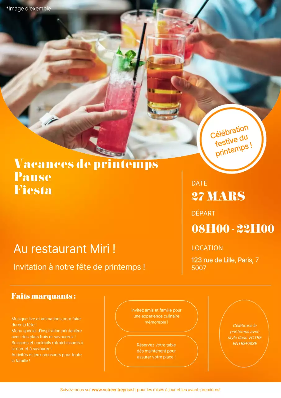 Publicité pour un événement printanier dans un restaurant moderne orange et blanc