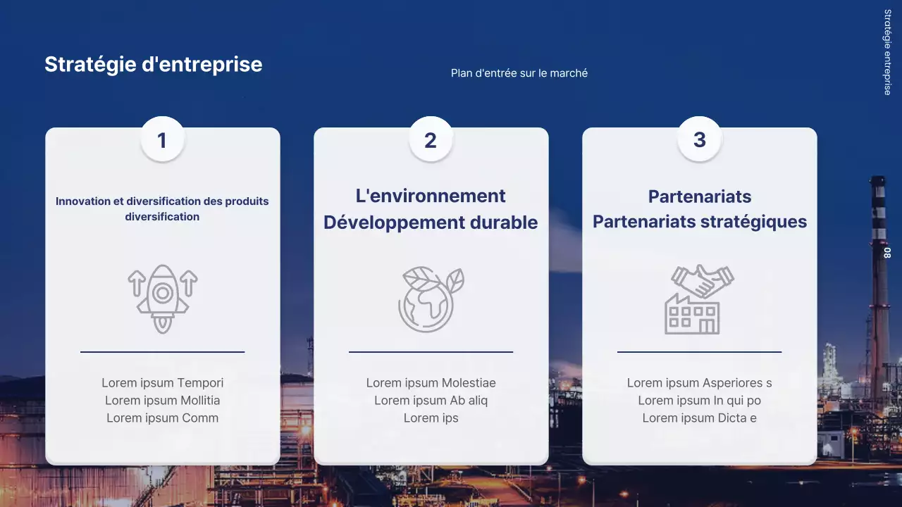 Lettre de motivation d'entreprise avec une usine moderne en noir et blanc et bleu marine