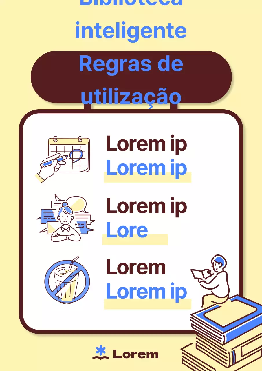 Anúncio simples, amarelo e azul, das regras da biblioteca