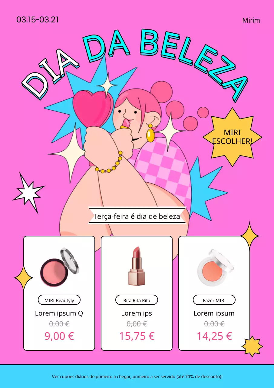 Folheto promocional de cosméticos de centro comercial giro em rosa choque e azul claro