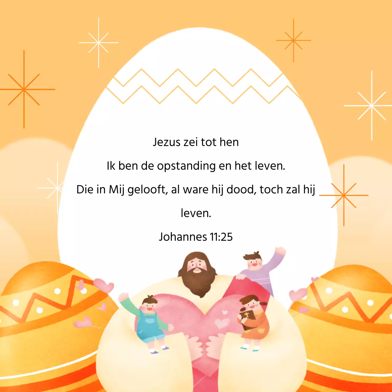 Een oranje en gele pop-art paasaankondiging