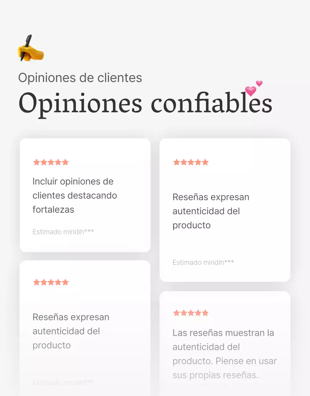 Una reseña o anuncio de una tienda de moda con un sencillo estilo de emoji blanco y gris.