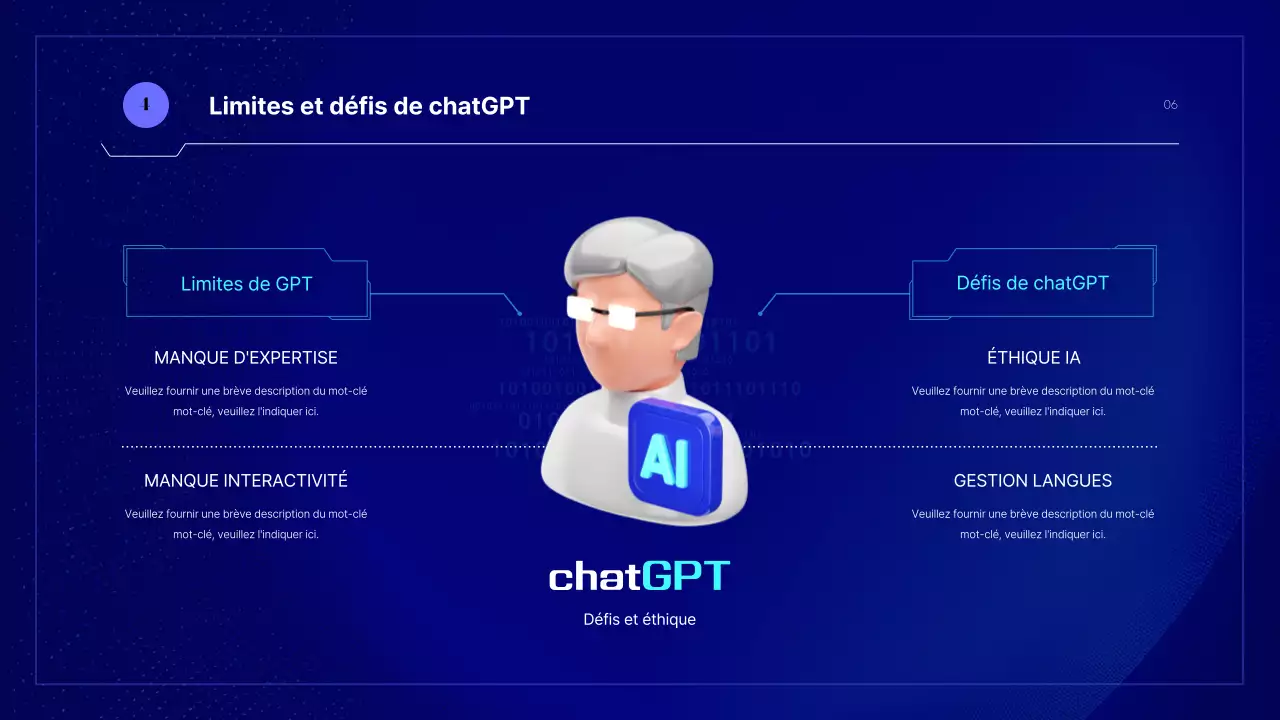 Présentation d'une IA cybernétique aux couleurs bleues et fluorescentes