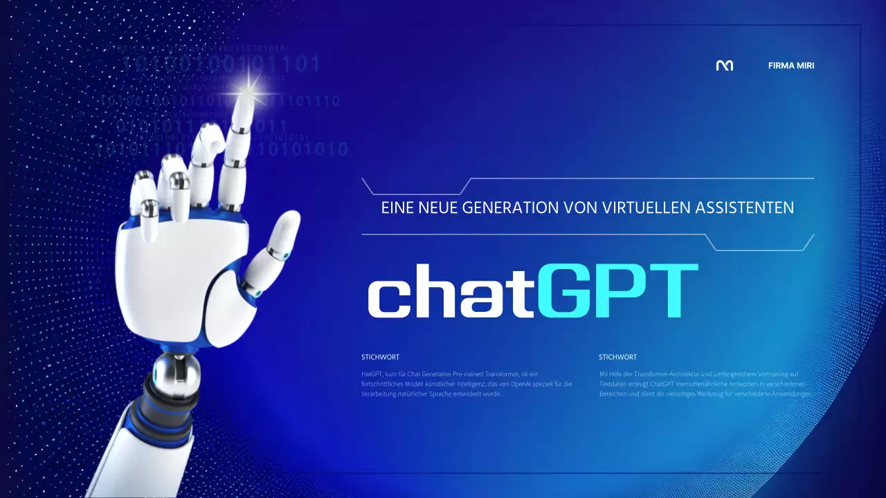 Eine kybernetische KI-Präsentation in blauen und fluoreszierenden Farben