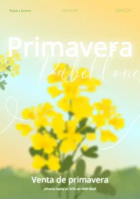 Un elegante cartel amarillo y blanco para promocionar las rebajas de primavera del centro comercial.