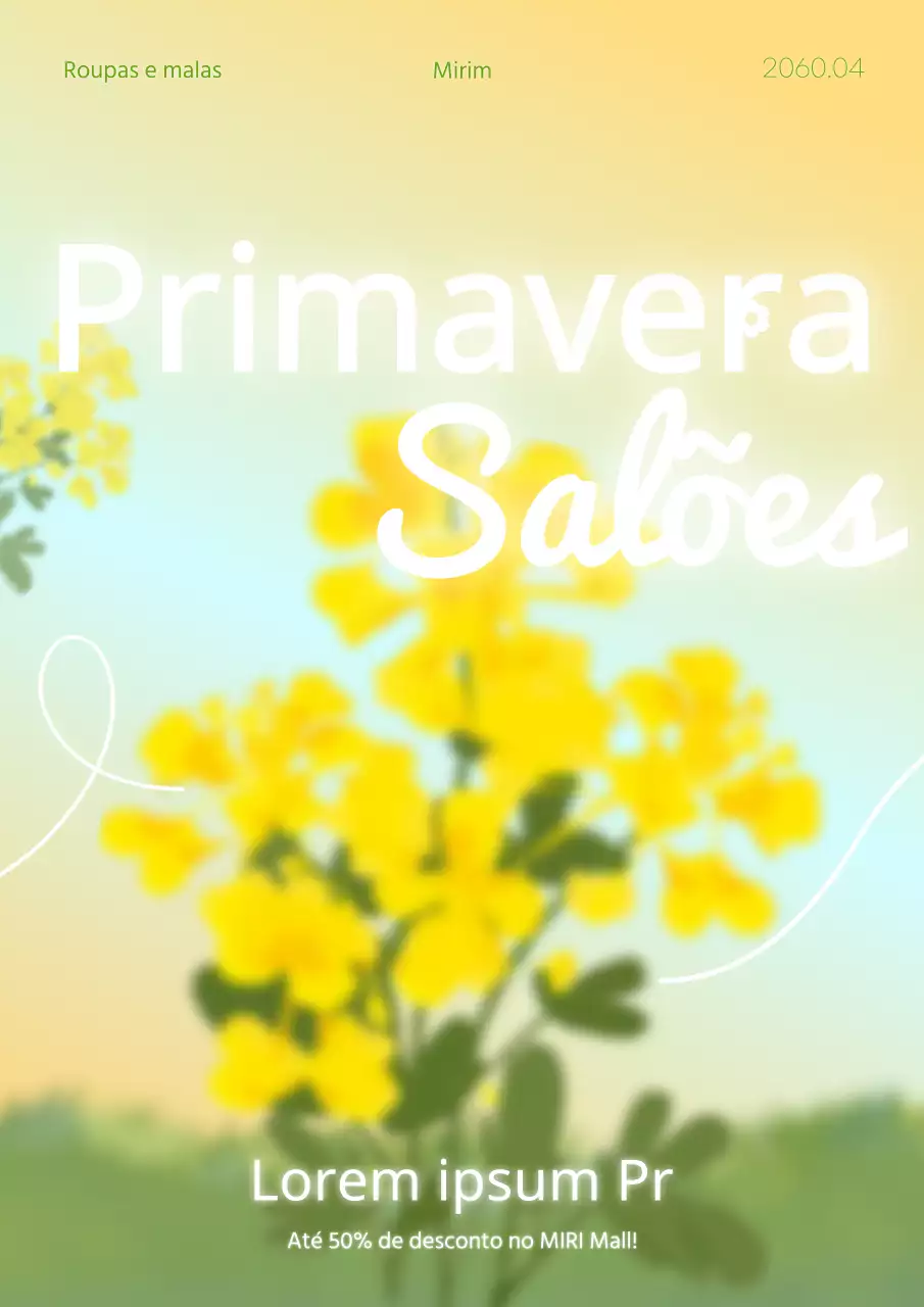 Um elegante cartaz amarelo e branco que promove o evento de saldos Spring Cheer do centro comercial.
