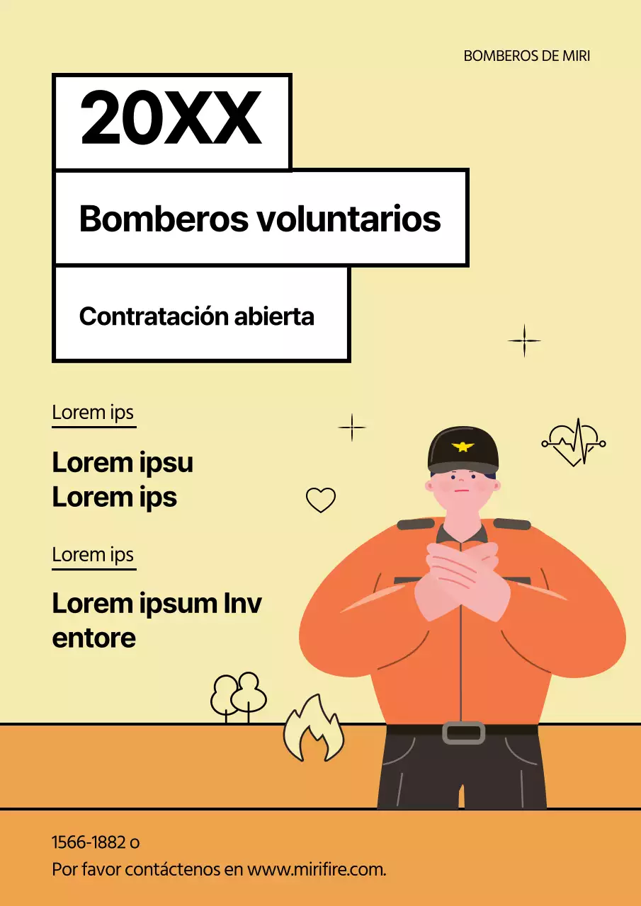 Anuncio simple de contratación de bomberos disfrazados de amarillo y naranja