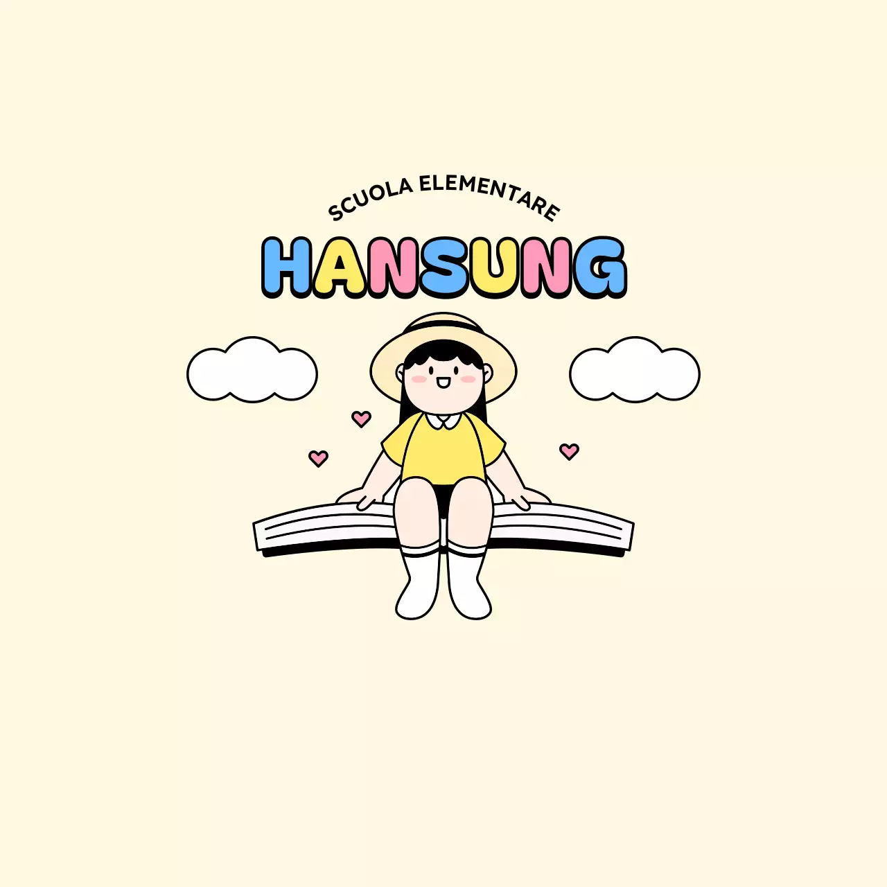 Disegno promozionale della scuola con un bambino seduto su un libro