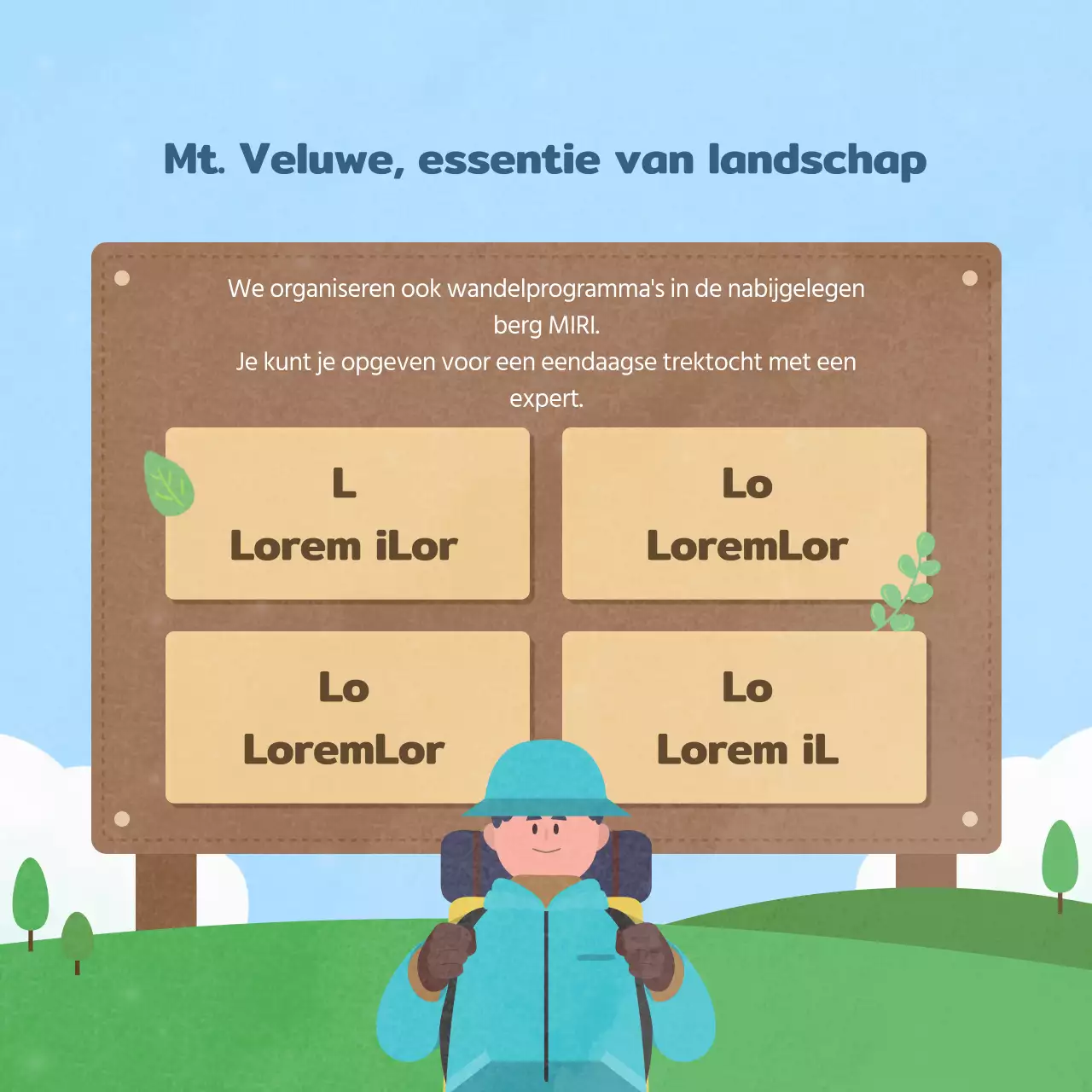 Promoot het eenvoudige dorpsprogramma voor plattelandsbeleving in lichtblauw en chartreuse