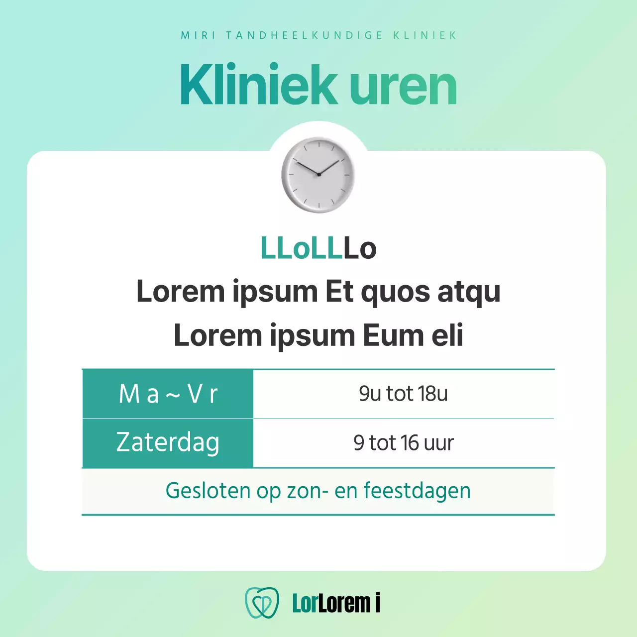 Eenvoudige aankondiging voor een particuliere tandartspraktijk in mint en chartreuse kleuren