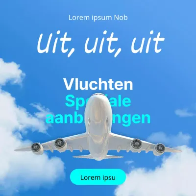 Een eenvoudige vliegticketadvertentie in lichtblauw en wit