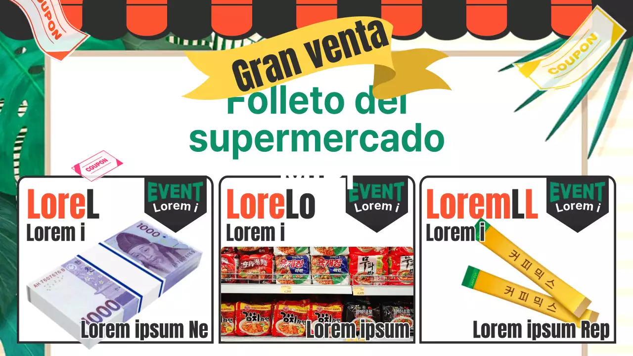 Sobre el folleto pop-art naranja y verde de la tienda de comestibles