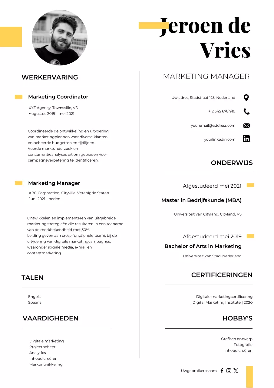 Witte en minimale marketing manager cv
