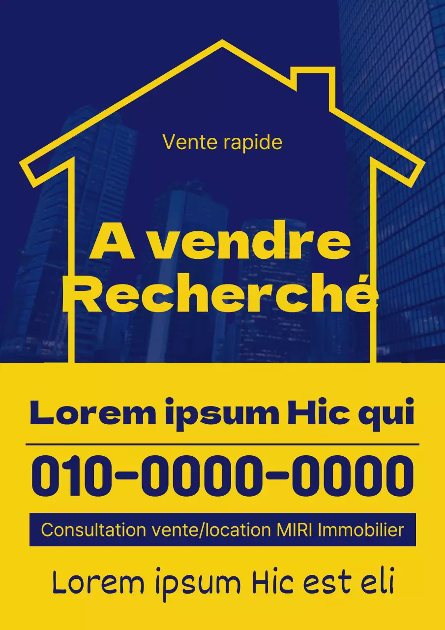 Une simple annonce de vente d'un bien immobilier en bleu et jaune